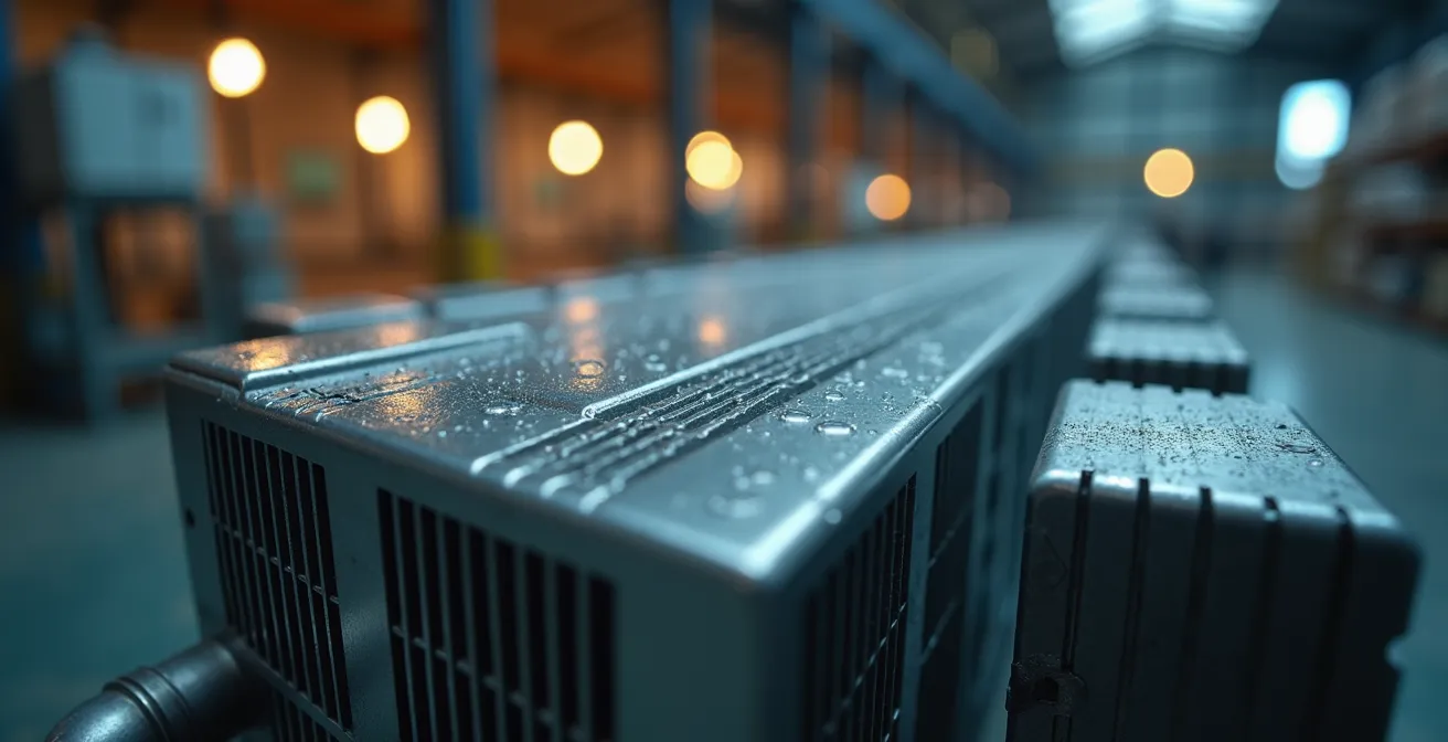 Close-up of hydrogen fuel cell components on industrial forklift in warehouse setting