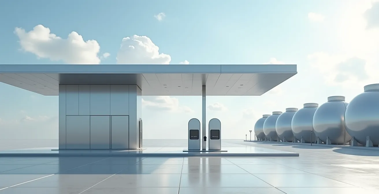 Modern hydrogen refueling station with industrial architecture and clean geometric lines